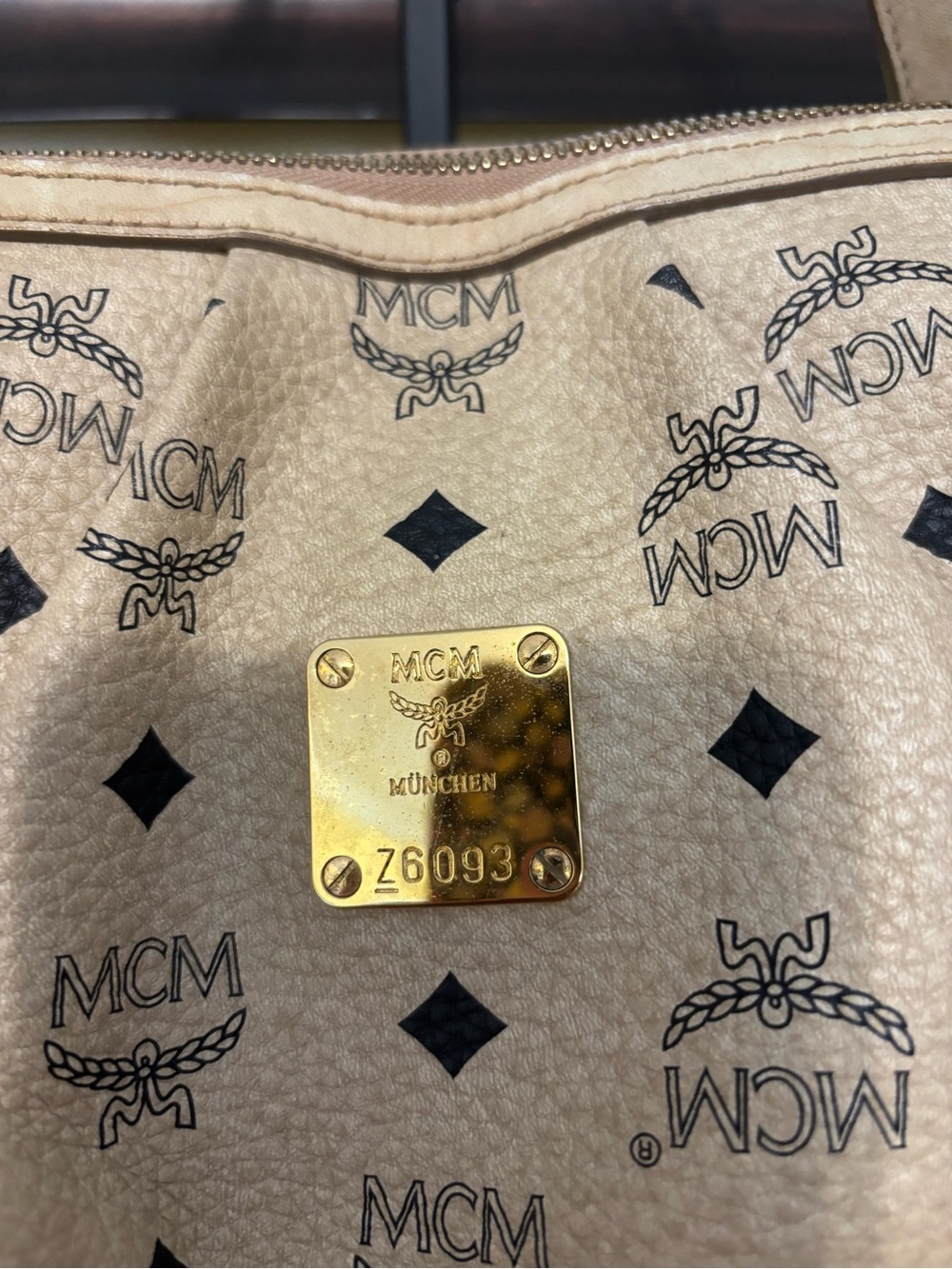 MCM Beige Logo Monogram Tote with Gold Plaque - Picture 5 of 14